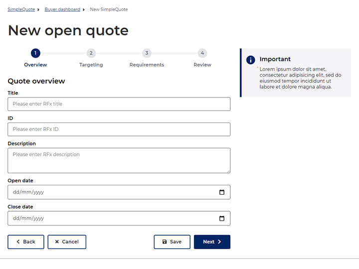 Screenshot of open quote overview page