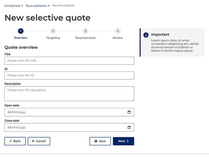 Screenshot of selective quote overview page