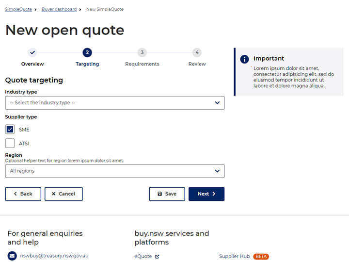 Screenshot of open quote tarageting page