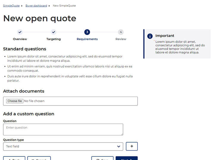 Screenshot of open quote requirements page