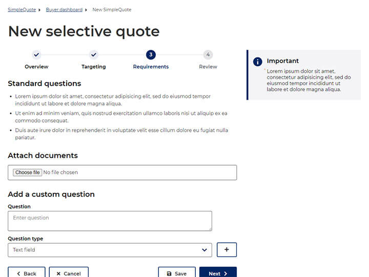 Screenshot of selective quote requirements page