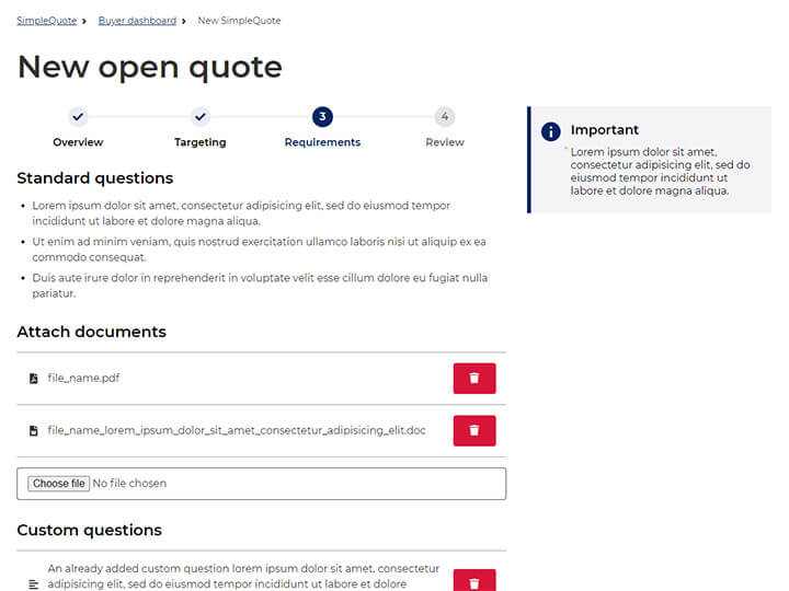 Screenshot of open quote requirements w/ info page