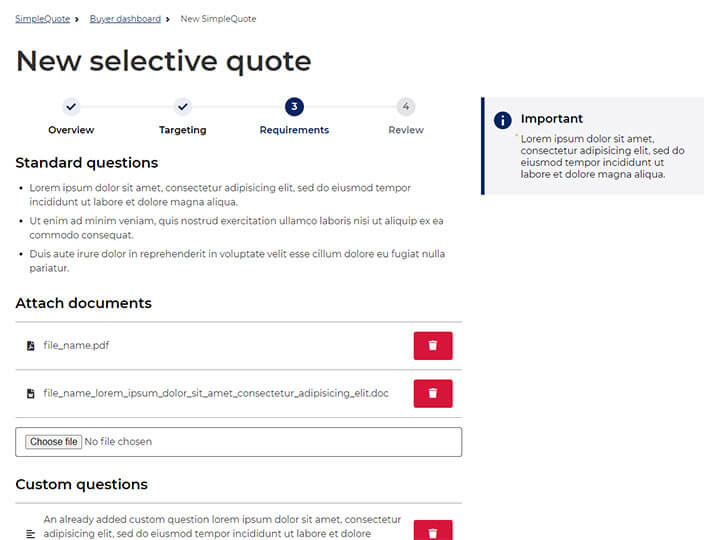 Screenshot of selective quote requirements w/ info page