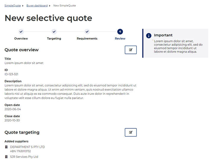 Screenshot of selective quote review page