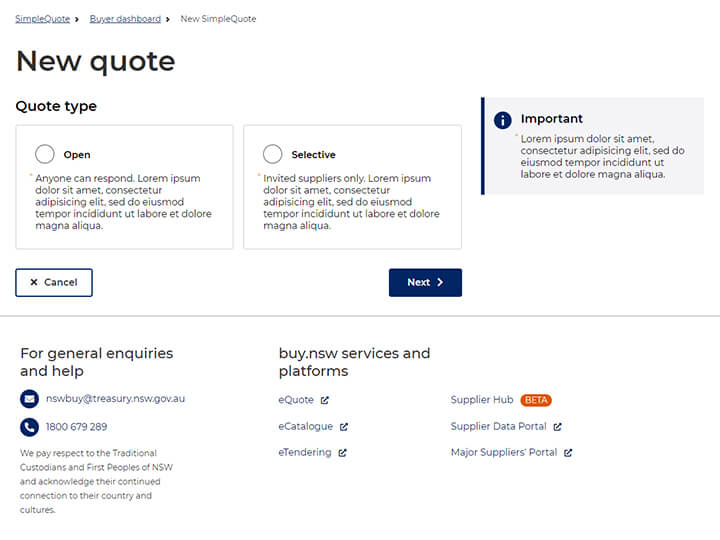 Screenshot of quote type selection page