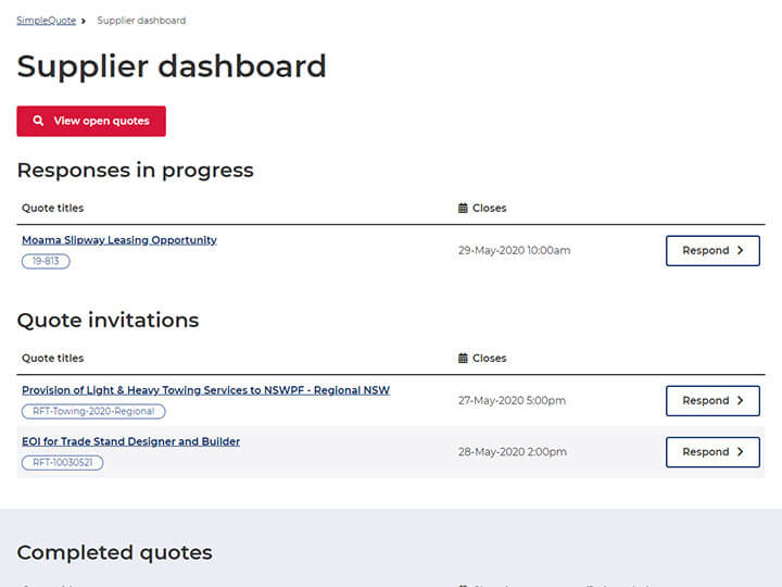 Screenshot of supplier dashboard