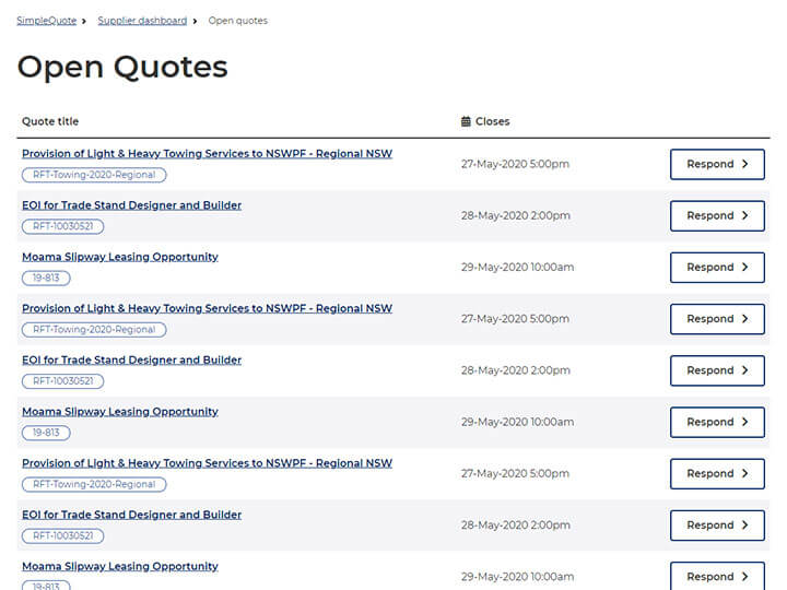 Screenshot of open quotes list page