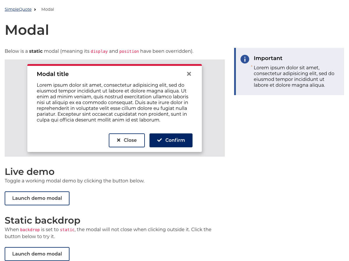 Screenshot of modal component page