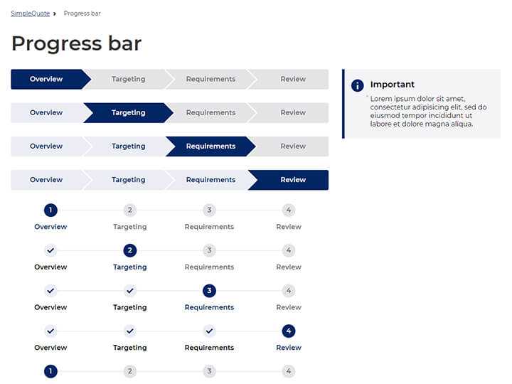 Screenshot of stepper component page